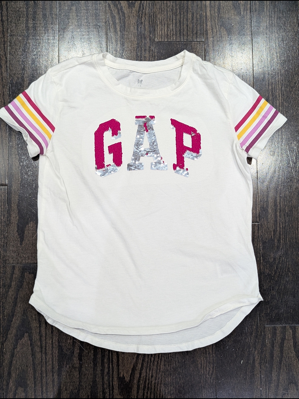 5/$35 Gap Kids Flip Sequin Logo Tee L 10-11 White Stripe Sleeve Cotton Shirt